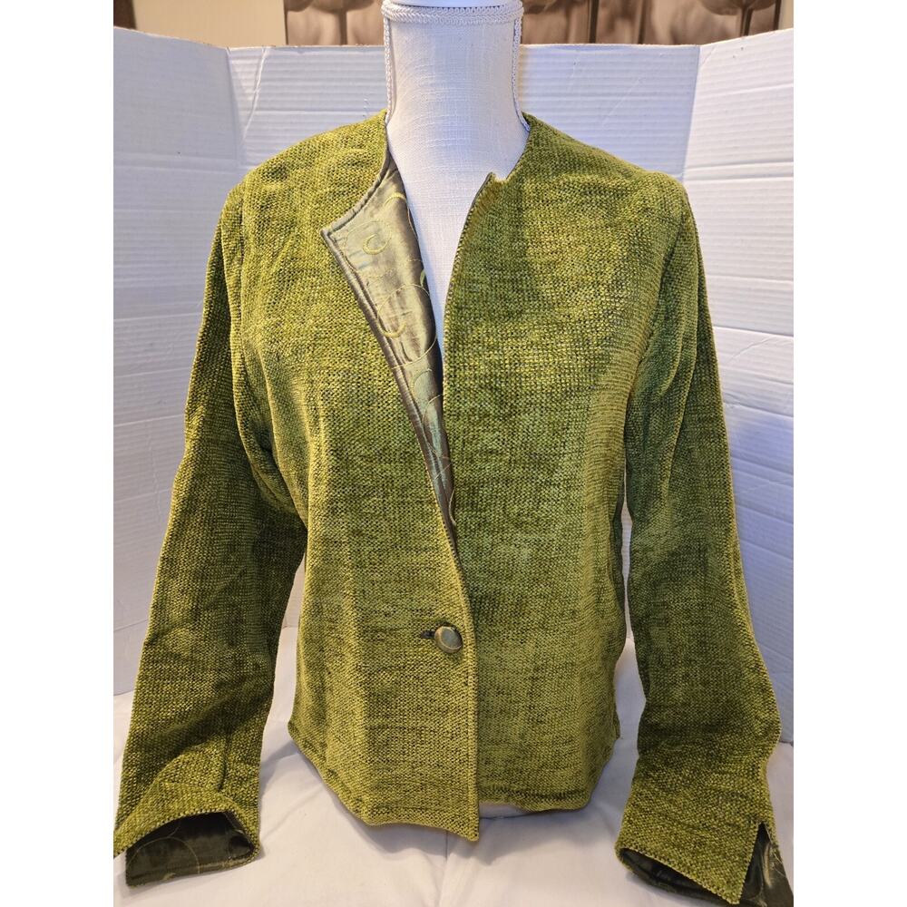 Vtg Fiber Artist LYNN YARRINGTON M Rust Chenille Blazer Green Holiday Festive
